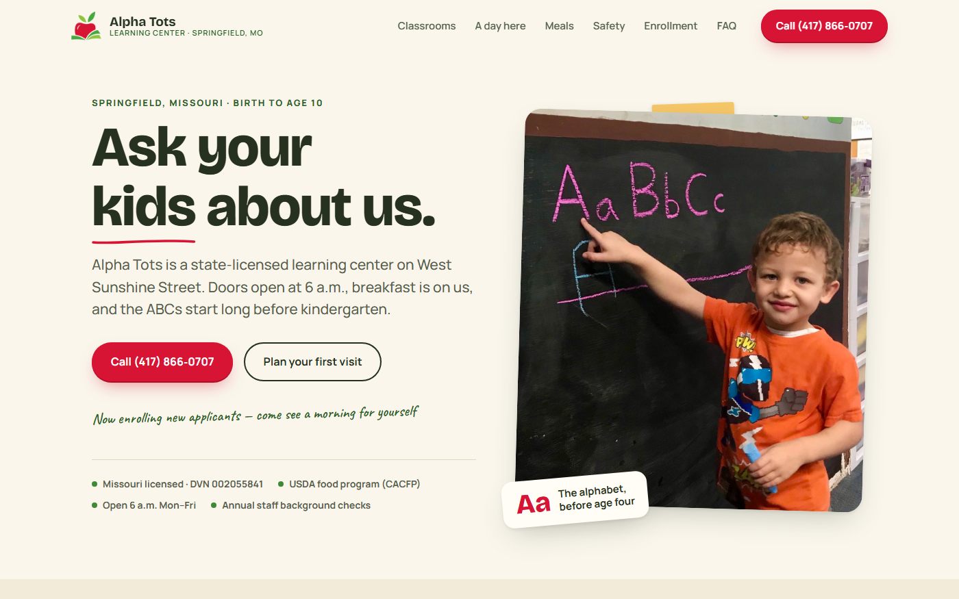 Alpha Tots Learning Center website — warm cream design for a Springfield childcare centre