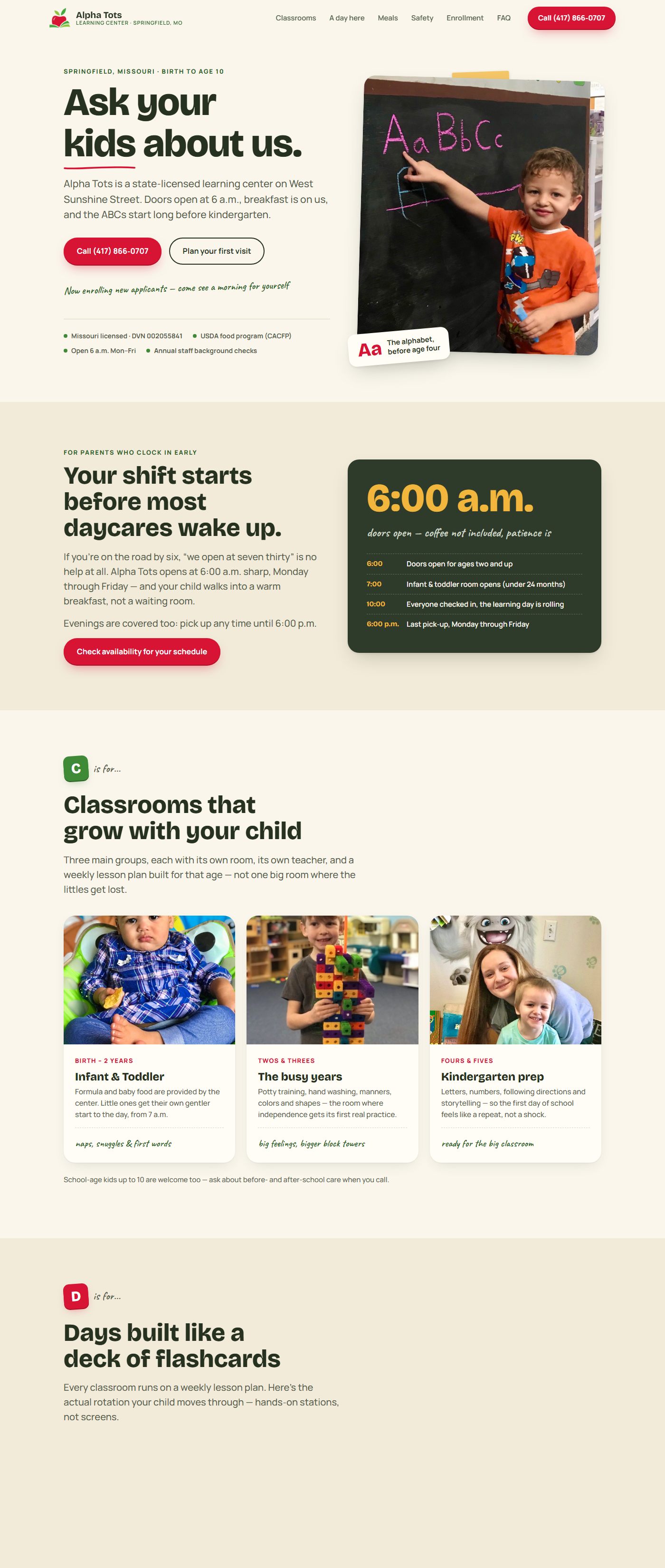 Alpha Tots homepage: &ldquo;Ask your kids about us&rdquo; beside a photograph of a child at a chalkboard