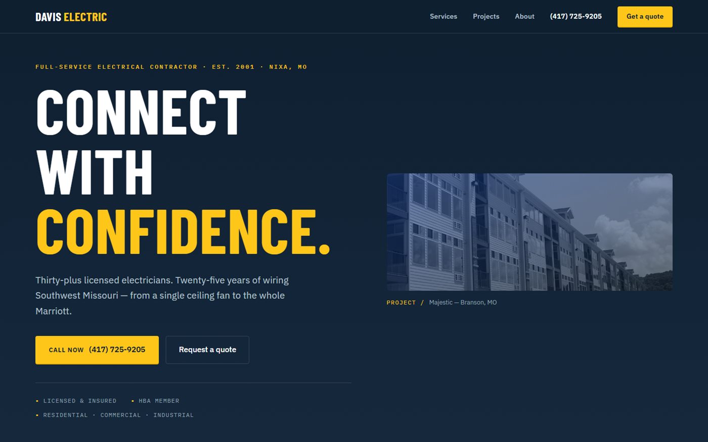 Davis Electric website — navy and yellow design for an electrical contractor