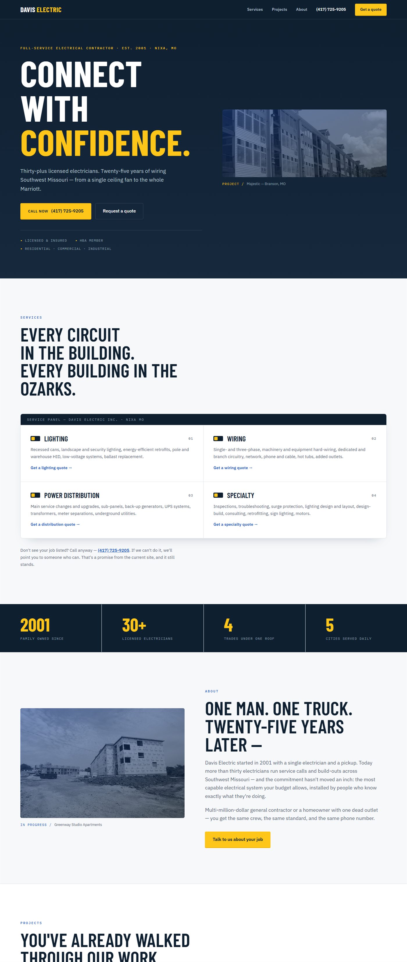 Davis Electric homepage: &ldquo;Connect with Confidence&rdquo; in navy and yellow above a breaker-panel services grid