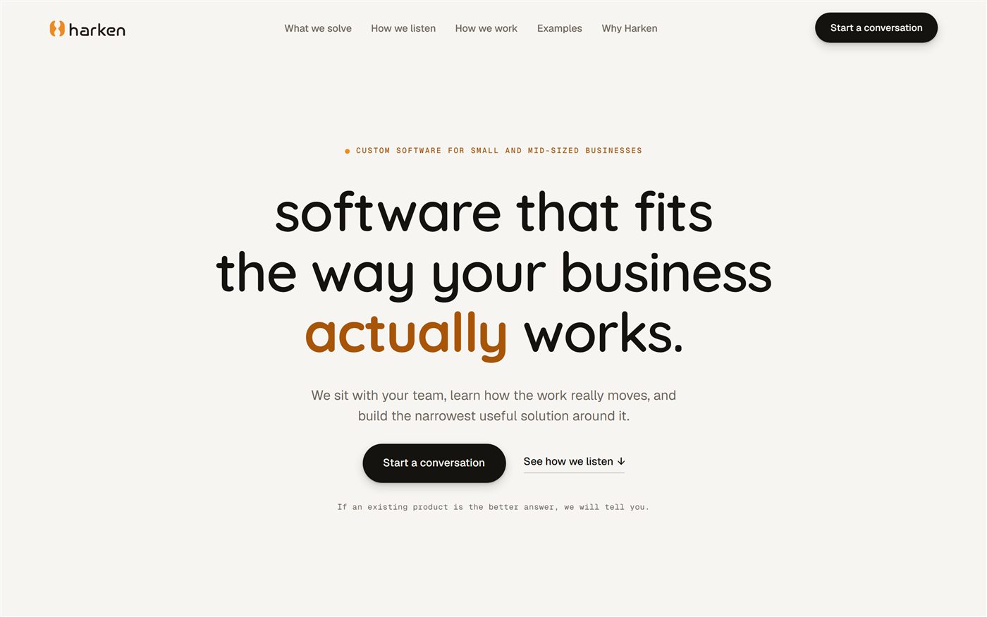 Harken website — cream editorial design for a custom software company