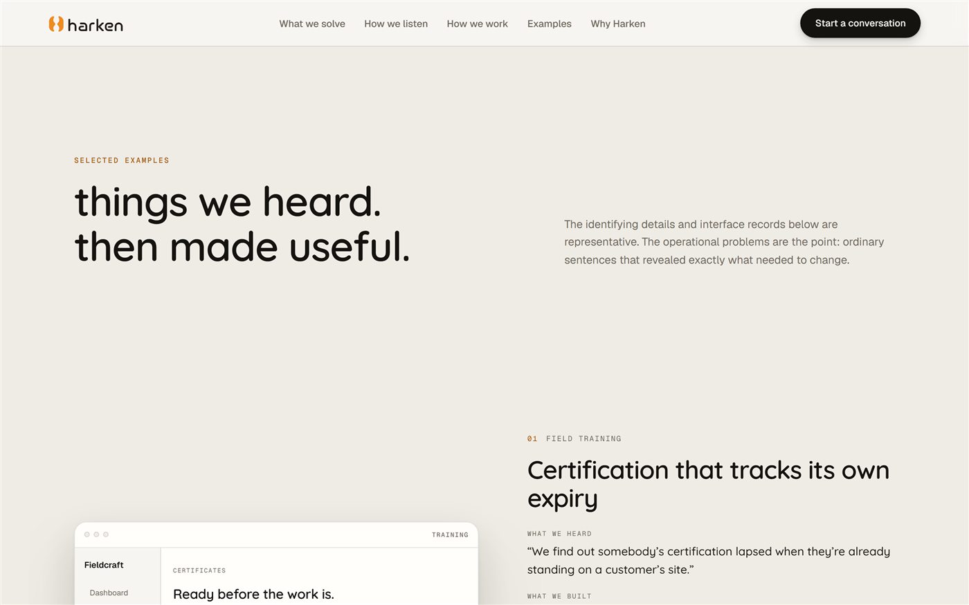 Harken page section showing example projects