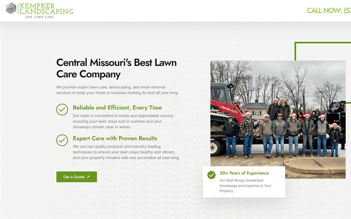 Kempker Landscaping website — green and white design for a lawn care company